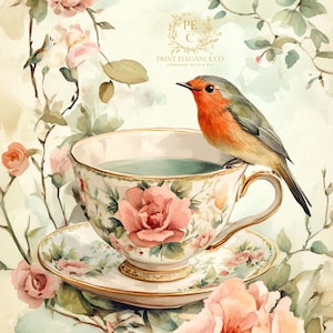 Shabby Chic Vögel und Teetassen Junk Journal Papiere, Vintage Ephemera, Blumen, Rosen, druckbare Ephemera, digitale Frühlings-Papiere