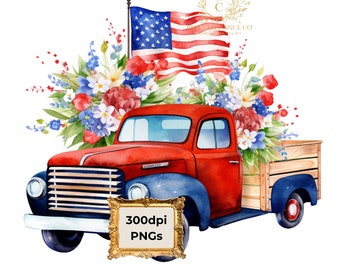 10 Patriotic Floral Delivery Truck Clipart - Red White Blue Flowers PNG  Vintage Truck Digital Art Fourth of July Truck Farmhouse Graphic