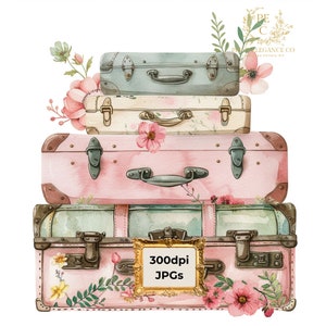 Ensemble de cliparts vintage fleurs et valises - 12 JPG aquarelles de haute qualité - Art du voyage, tenue de journal, fourniture de scrapbooking, téléchargement numérique