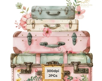 Vintage Florals and Suitcases Clipart Bundle- 12 High Quality Watercolor JPGs- Travel Art, Journaling, Scrapbook Supply, Digital Download