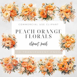 Puede incluir: Un conjunto de 10 imágenes de clipart digital que presentan ramos de flores de acuarela en tonos melocotón y naranja. Los ramos están dispuestos en una variedad de estilos y presentan diferentes tipos de flores, incluyendo peonías, rosas e hortensias. Las imágenes son perfectas para usar en scrapbooking digital, creación de tarjetas y otros proyectos creativos.