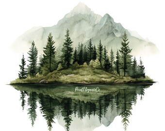Imágenes prediseñadas de montañas en acuarela, imágenes prediseñadas de bosques, montañas tranquilas, paisajes forestales, bosques, uso comercial, PNG, descarga instantánea, álbumes de recortes