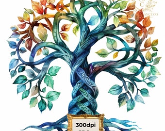 Acuarela Árbol de la Vida Clipart - Árbol de nudo celta formato JPG descarga instantánea para uso comercial