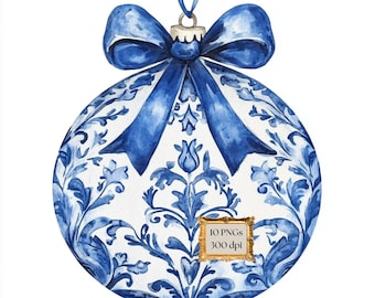 Chinoiserie Ornaments Cliparts Blue Toile Christmas PNG Dusty Blue Commercial Use Porcelain Pattern Holiday Clipart Digital Download