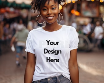 White Bella Canvas 3001 Mockup, Black Girl Mockup, African American Woman Mock, Tshirt Mock, Tee Mockup, Womens T-shirt Mock Up