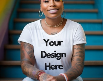 White Bella Canvas 3001 Mockup, Black Girl Mockup, African American Woman Mock, Tshirt Mock, Tee Mockup, Womens T-shirt Mock Up