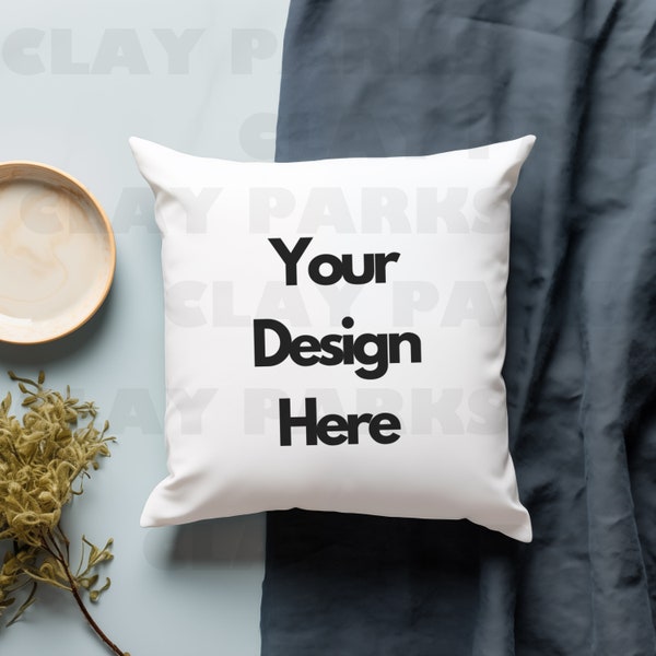 Throw Pillow Square White Mockup Decorative Accent Pillow Bright Mock Up Flat Instant Colorful Modern Design Styled Simple Blank Blue JPG