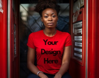May include: A woman wearing a red t-shirt with the text "Your Design Here" printed on the front. She is standing in a red phone booth.
