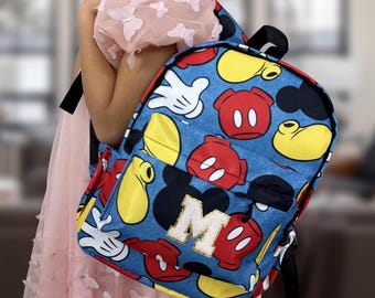 Personalized Mickey Minnie Backpack with Chenille Letters Patch | Letter Patch Backpack | Custom Disney Backpack | Gifts for Kids