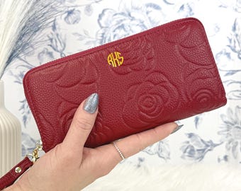 Personalized Genuine Cowhide Leather Long Wallet | Leather Wristlet | Zip Around Wallet | Gifts for Her