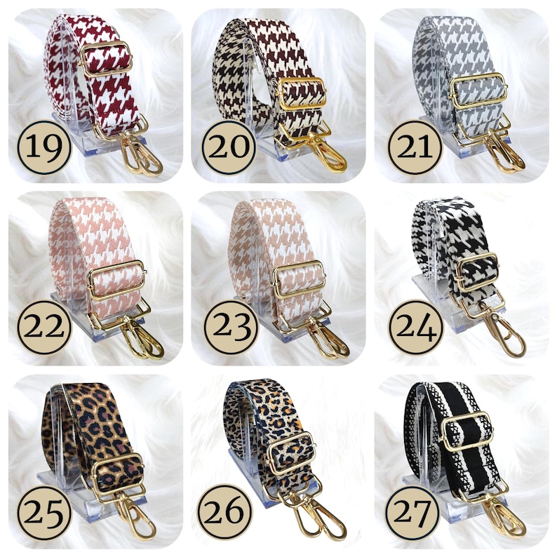 Pode incluir: Cole&ccedil;&atilde;o de al&ccedil;as de bolsa ajust&aacute;veis em v&aacute;rios padr&otilde;es e cores. Os designs incluem padr&atilde;o pied-de-poule, estampa de leopardo e listras. Cada al&ccedil;a tem ferragens de metal dourado e um clipe. Os n&uacute;meros 19-27 s&atilde;o vis&iacute;veis.