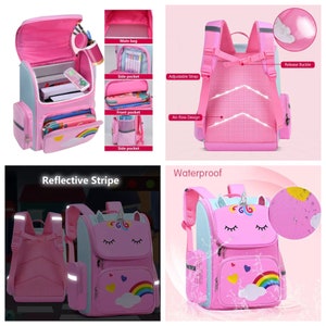 Op de afbeelding: Een roze en lichtblauwe eenhoornrugzak met een regenboog- en hartjesmotief, meerdere opbergvakken, verstelbare schouderbanden met gesp, reflecterende strepen en een waterdicht buitenoppervlak voor schoolgebruik.