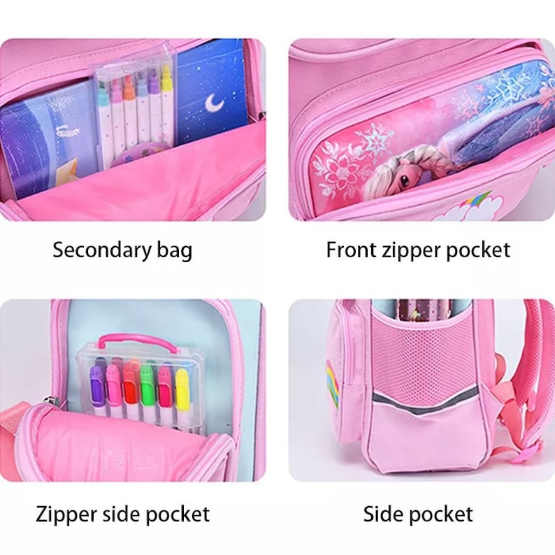 Op de afbeelding: Een roze rugzak met meerdere opbergvakken, waaronder een secundaire tas, een voorvak met rits en een karakterafbeelding, een zijvak met rits met een doorzichtig etui voor stiften en een zijvak van gaas voor diverse accessoires.