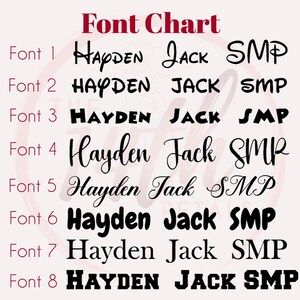 May include: A font chart displaying eight distinct black typeface styles labeled Font 1 through Font 8. Each row features the names Hayden and Jack alongside the initials SMP, showcasing various script, serif, and sans-serif lettering options.