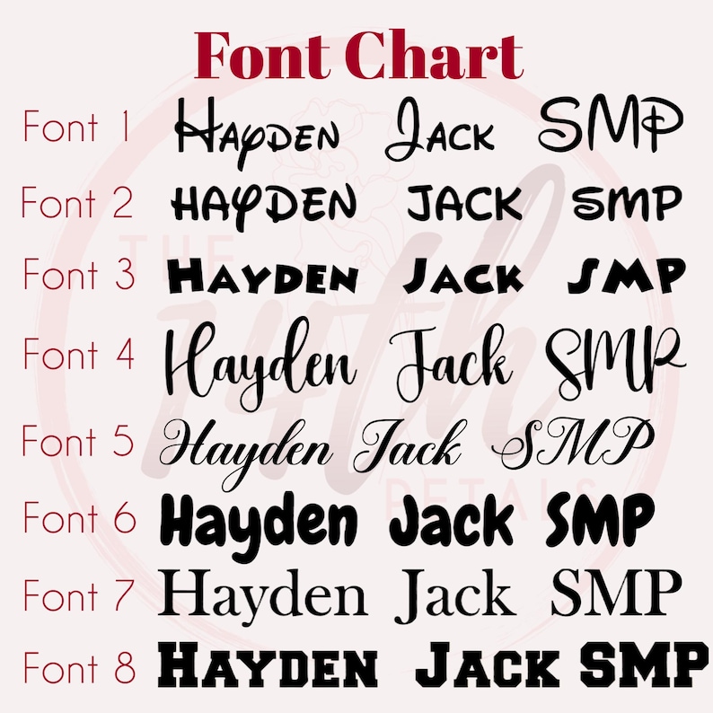 May include: A font chart displaying eight distinct black typeface styles labeled Font 1 through Font 8. Each row features the names Hayden and Jack alongside the initials SMP, showcasing various script, serif, and sans-serif lettering options.