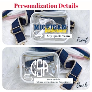 May include: Clear, rectangular crossbody bag with a white trim and navy blue strap. The front of the bag displays "MICHIGAN Wolverines" in yellow and navy blue. The back shows a monogram. Text reads "Personalization Details" and "Any Sports Team."