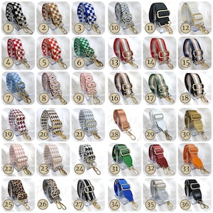 May include: A collection of 36 patterned bag straps in various colors and designs. The straps feature gold-colored metal clasps and adjustable buckles. Patterns include checks, stripes, geometric, and animal prints. Colors range from black, white, and red to blue, green, and gold.