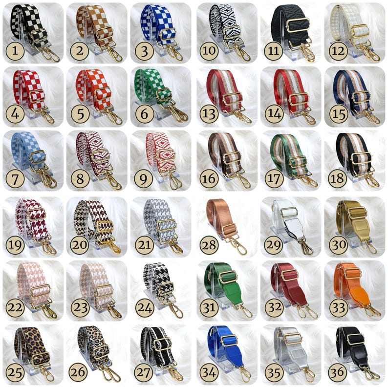 May include: A collection of 36 patterned bag straps in various colors and designs. The straps feature gold-colored metal clasps and adjustable buckles. Patterns include checks, stripes, geometric, and animal prints. Colors range from black, white, and red to blue, green, and gold.