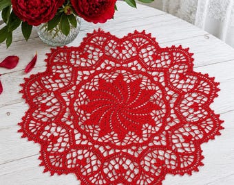 Red Crochet Doily | Handmade Lace Table Centerpiece | Large Cotton Doily 17 Inches | Romantic Home Decor | Christmas Decor  Valentine's Gift