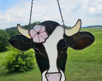 Stained Glass Cow  | Vintage Stained Glass  | Farm Decor | heifer