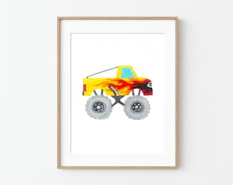 Yellow Fire Monster Truck Drawing Kids Play Room Nursery Wall Art Print