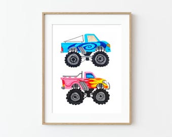 Colorful Monster Truck Drawing Kid Boy Playroom Nursery Wall Art Poster