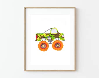 Camo Green Monster Truck Drawing Kids Play Room Nursery Wall Art Print