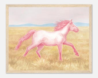 Wild Pink Horse Running Free Art Print: Western Landscape, Framed Matte Poster