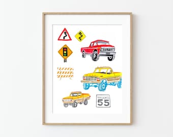 Classic Truck Car Drawing Boy Kid's Room Nursery Poster Wall Art