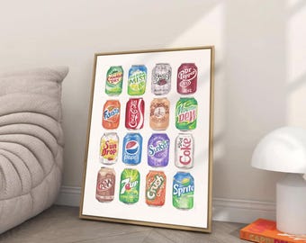 Soda Cans Art Print: Vintage Pop Art, Framed Kitchen Decor