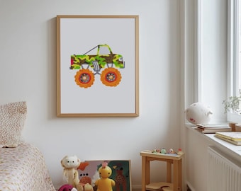 Camo Green Monster Truck - FRAMED - Drawing Kids Play Room Nursery Wall Art Print