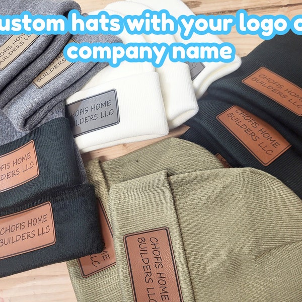 Bulk Personalized Beanie Custom Name Company School Logo Monogram Unisex Adult Beanie Kids Winter Hat Youth Stocking Cap Leather Patch
