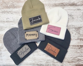 Personalized Beanie Custom Name or Logo Monogram Unisex Adult Beanie Kids Winter Hat Youth Name Beanie Stocking Cap Leather Patch Beanie