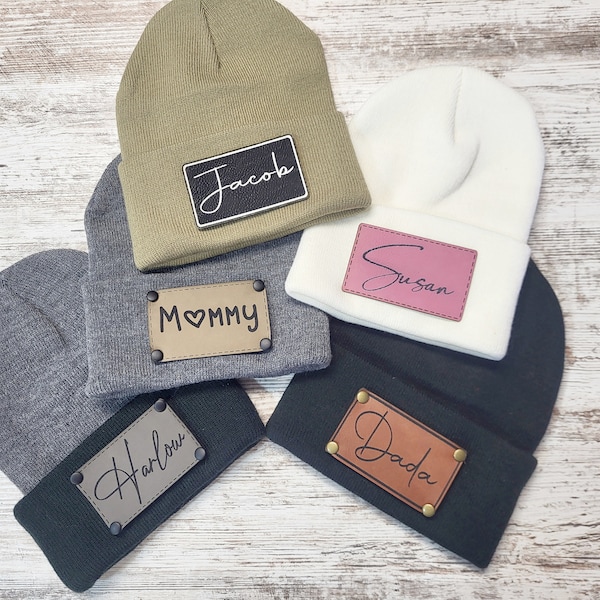 Personalized Beanie Custom Name or Logo Monogram Unisex Adult Beanie Kids Winter Hat Youth Name Beanie Stocking Cap Leather Patch Beanie