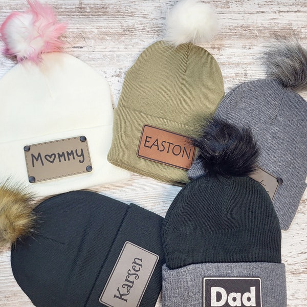 Personalized Beanie Custom Name Pom Poms Monogram Unisex Adult Beanie Kids Winter Hat Youth Name Beanie Stocking Cap Leather Patch Beanie