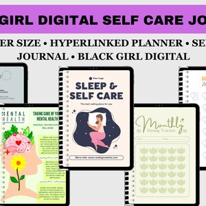 May include: Five digital planners for self-care, each with a different theme. The planners are displayed on tablet screens with a black background and a white spiral binding. The themes include: Self-Care Menu, Mental Health, Sleep & Self-Care, Monthly Saving Tracker, and Savings Tracker Money Pot.