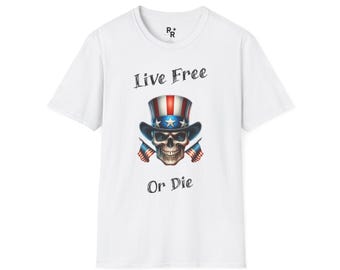 Patriotic Skull Unisex T-Shirt, Live Free or Die Graphic Tee, USA Flag Shirt Gift, Independence Day Tee, Patriotic Apparel