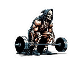 May include: A skeletal figure wearing a black hooded robe lifts a barbell. The figure has a muscular build and is in a lifting pose.