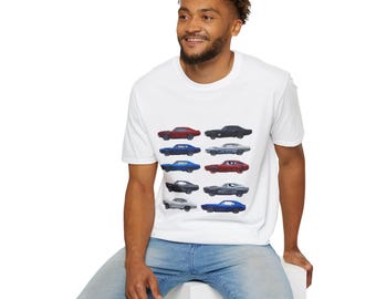 Camiseta unisex de estilo suave con diseño de Muscle Cars, camiseta de coches clásicos, regalo para amantes de los coches retro, camiseta para entusiastas de Muscle Cars, ropa para coches clásicos
