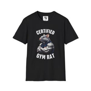 May include: Black t-shirt with a graphic of a muscular rat with the text "CERTIFIED GYM RAT" printed on it.
