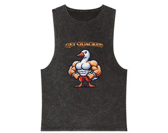 Funny Muscular Duck Gym Tank Top | Unisex Stonewash Tee | Quirky Workout Shirt | Sleeveless Muscle Top for Fitness