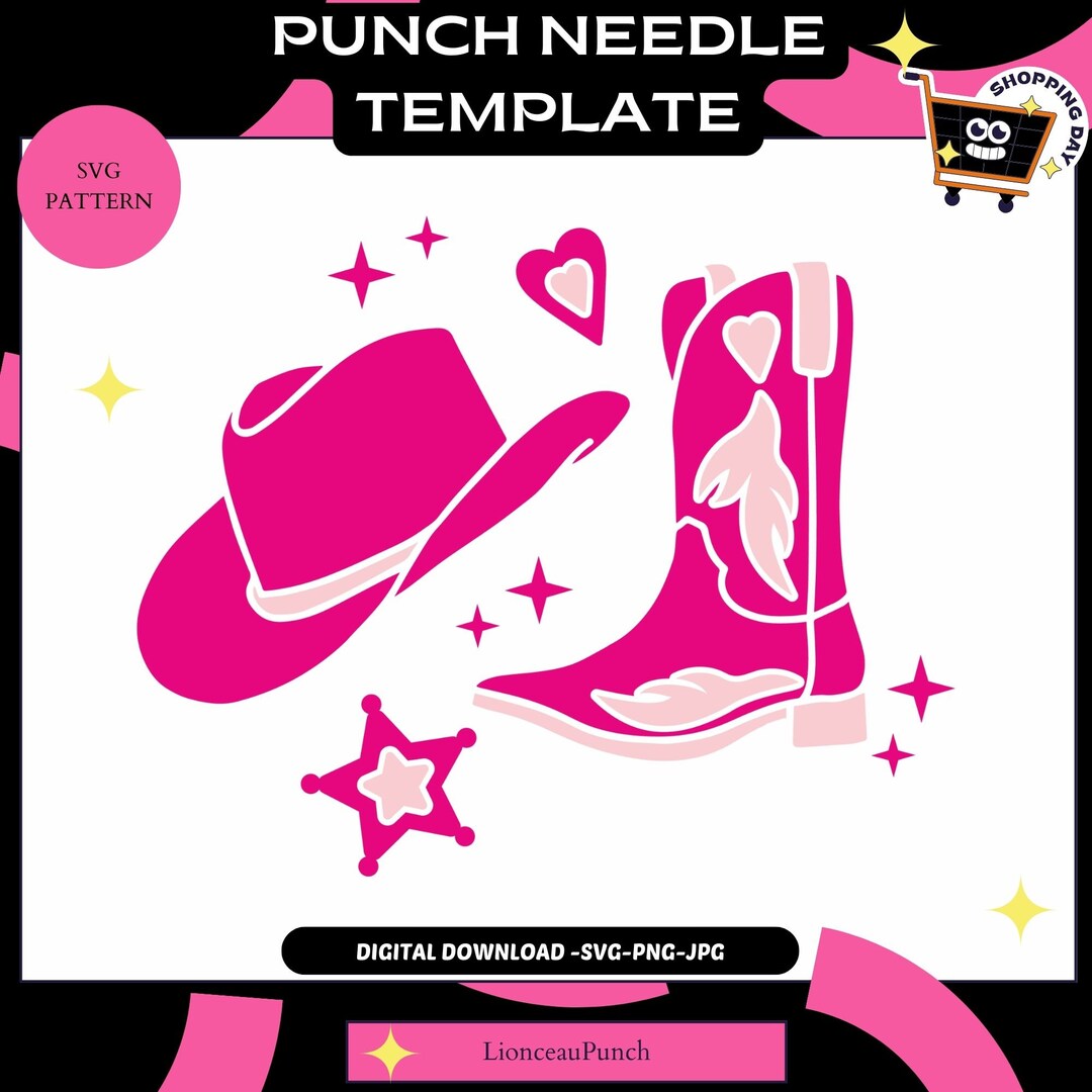Plantilla de bota vaquera, Plantilla Pink Cowboy Punch Needle, Patrón ...