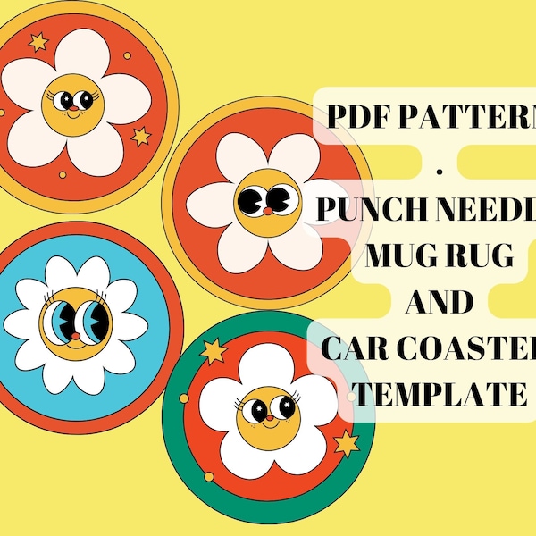 smiling flower punch needle mug rug pattern, car coaster template, pdf pattern,Pattern for Beginners, Instant Download, Printable pattern