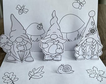 Fall gnomes 2D garden Thanksgiving easy coloring printable pages, digital download, kids activity sheets, DIY diorama/ easy pop up card