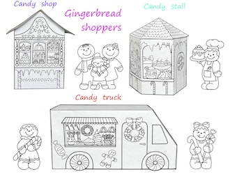 Christmas Gingerbread house, candy shop, ice-cream truck, figures paper craft DIY coloring printable pages, kids activity, digital download