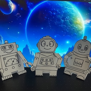 Robots 3D paper craft, kids activity, digital download, DIY, coloring printable kids craft, home décor, 3 figures, unique gift for friend