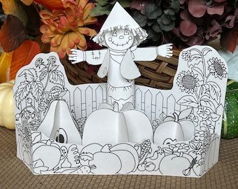 3D Fall scarecrow, pumpkin vegetables paper craft, home décor, DIY coloring printable pages, digital download, Thanksgiving, kids activity