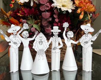Wedding skeletons, easy DIY coloring printable pages, digital download, kids activity sheets, paper craft for Halloween or Day of The Dead