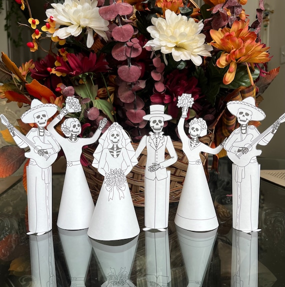 Wedding skeletons, easy DIY coloring printable pages, digital download, kids activity sheets, paper craft for Halloween or Day of The Dead