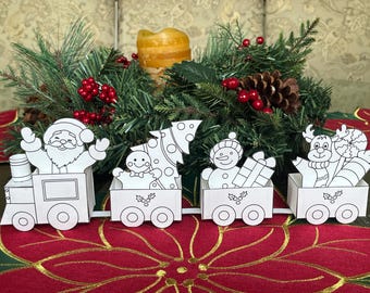 Christmas train, Santa, Gingerbread, reindeer, gifts 3D easy DIY coloring printable pages digital download, kids activity sheets, home decor